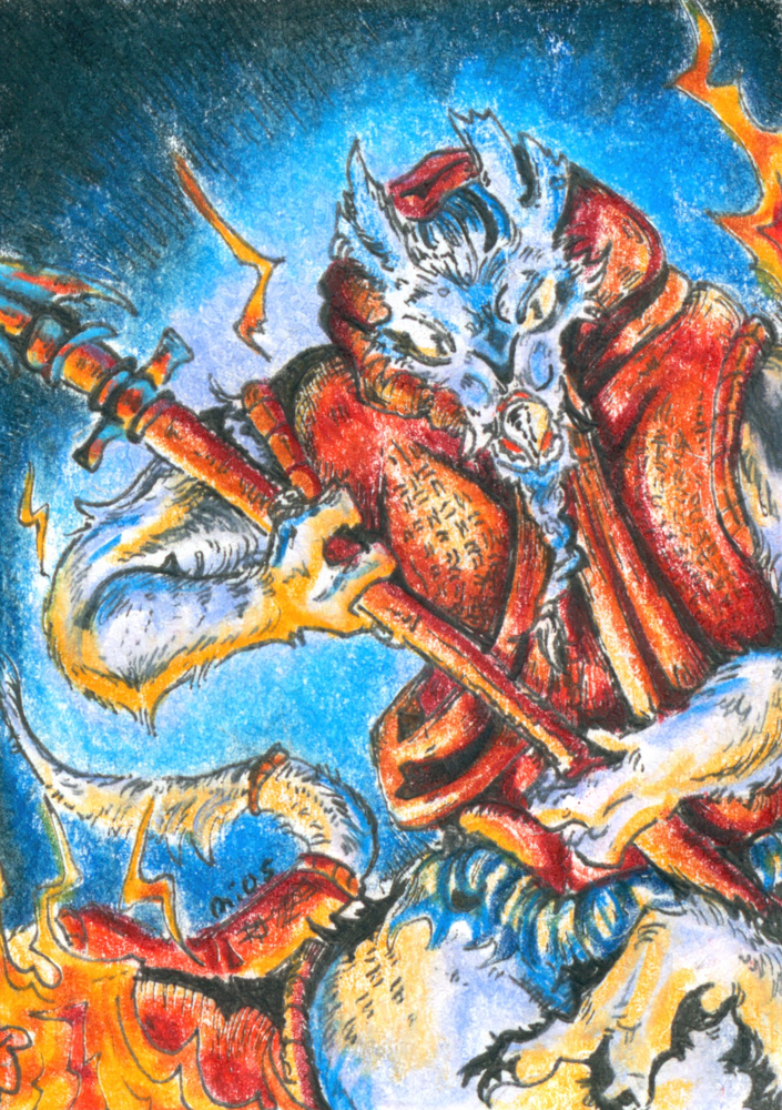 an erezehrr matix stands amongst flames. they hold a spear and snarl. the piece is done in colored pencils.